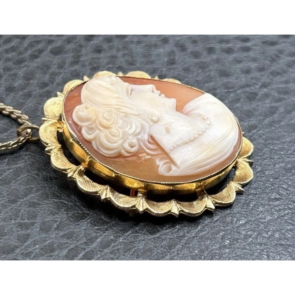 Vintage 14K Esemco Carved Shell Cameo Pendant And Krementz Gold Overlay Necklace